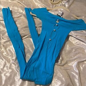 Fashion Nova Turquoise Off-Shoulder Bodysuit with Pearl Details